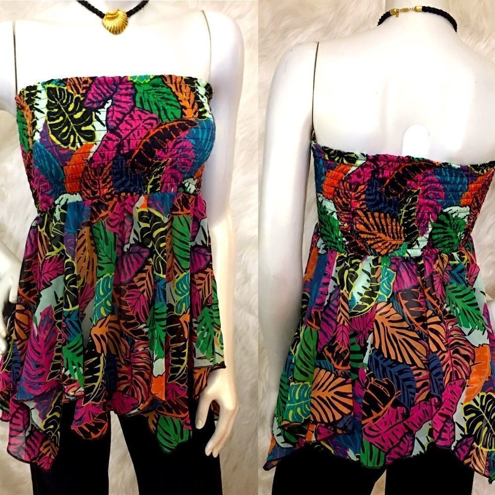 NOBO Multicolor Strapless Tropical Leaf Smocked Peplum Top